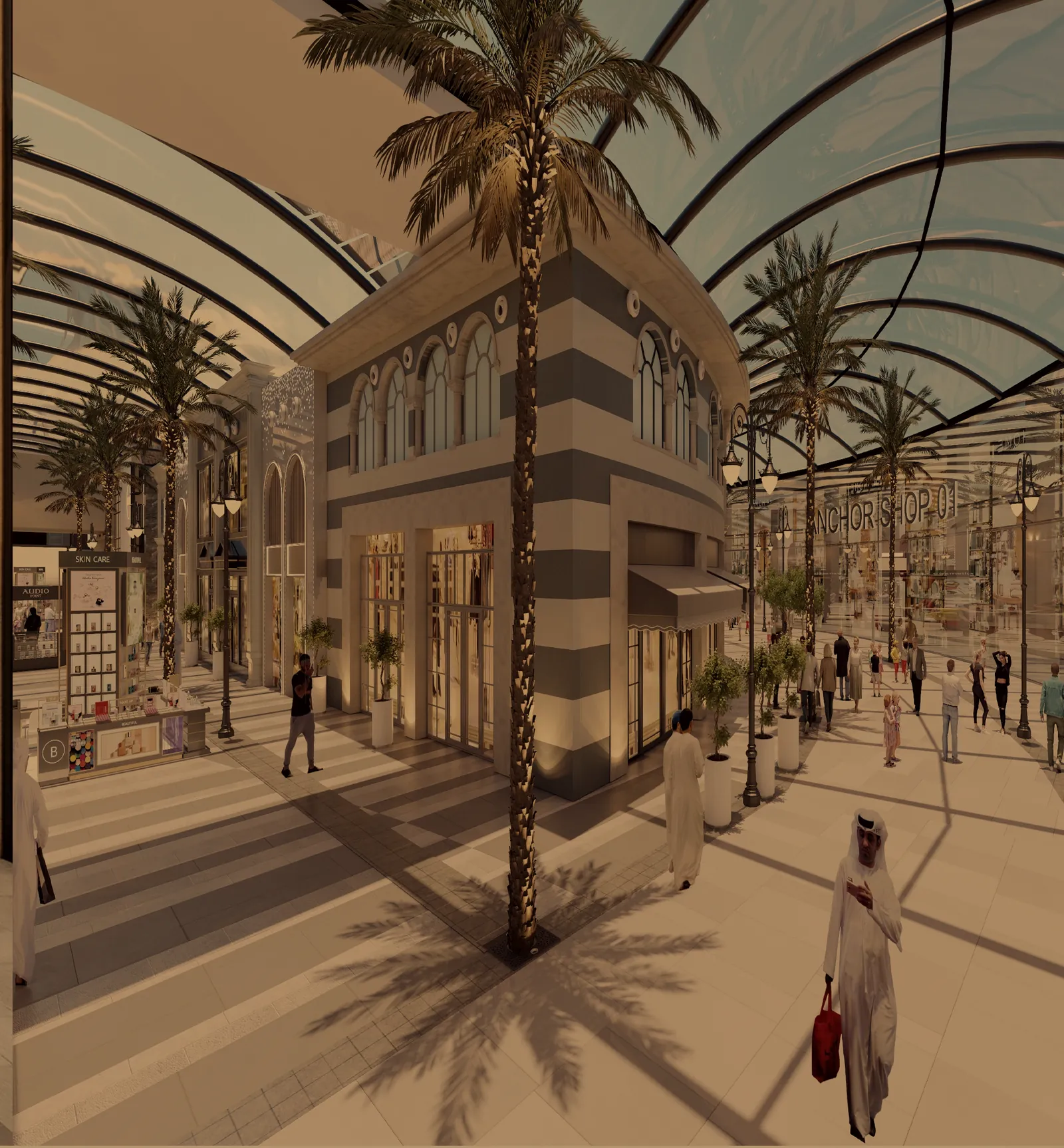 Anchor stores along a sunlit avenue