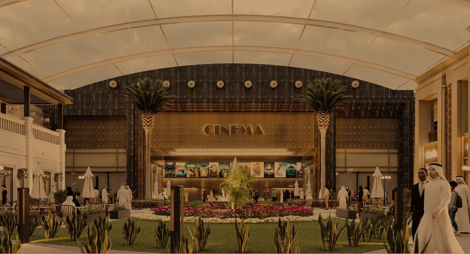 The cinema lobby with gardens in front