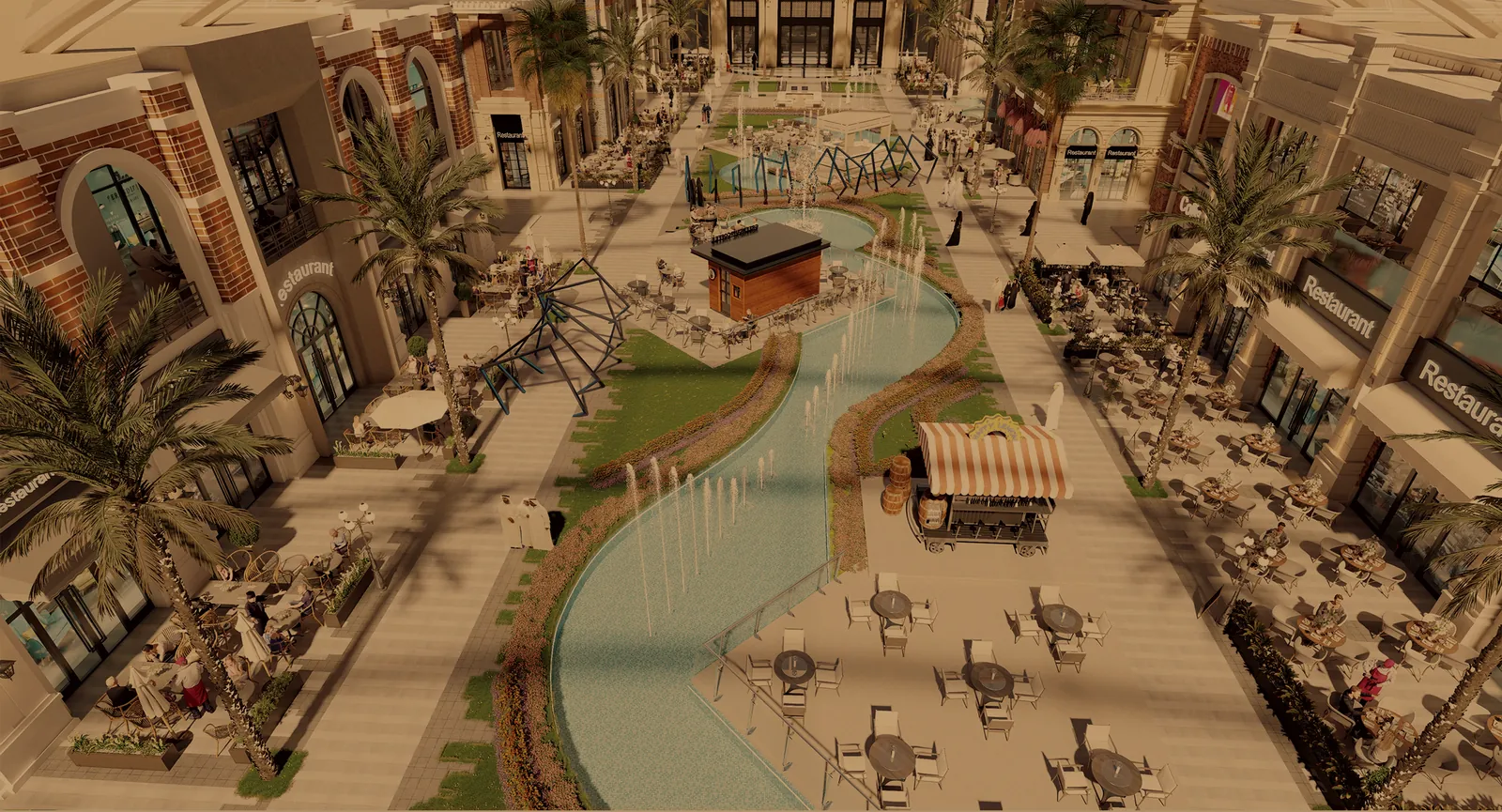 Restaurants and cafes along a water feature