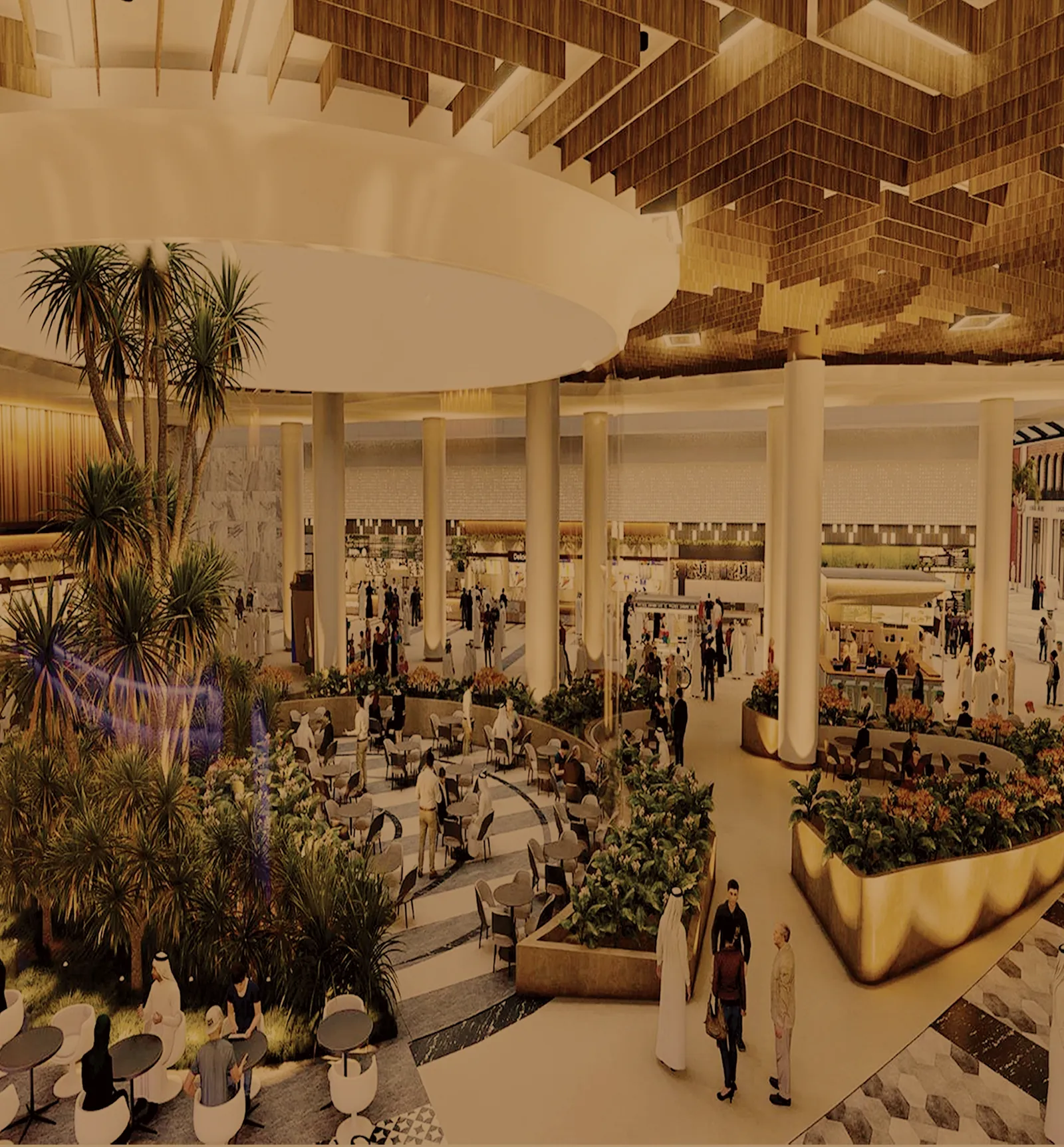 The food court with planting and a wooden ceiling