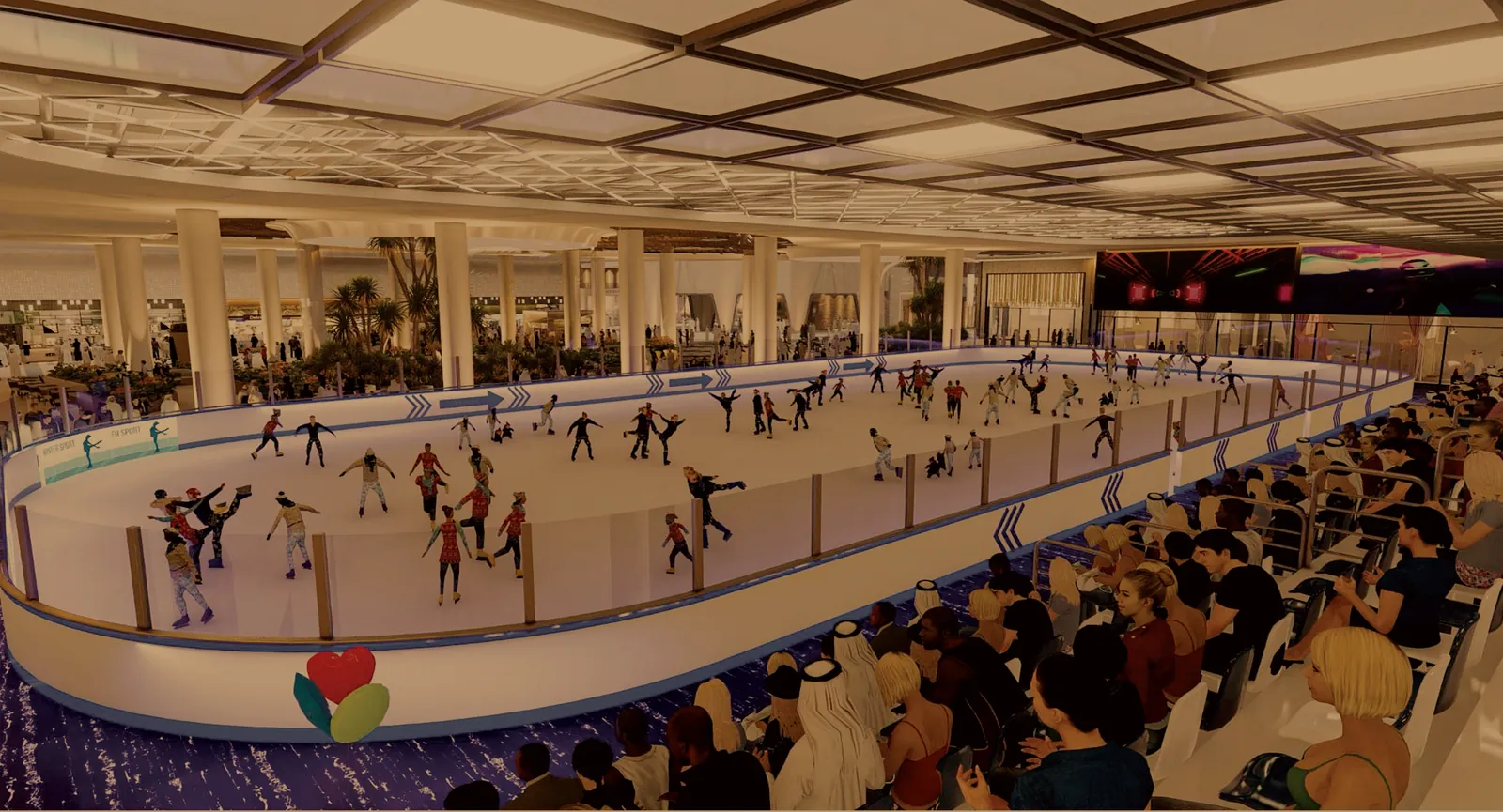 The ice skating rink with skaters and seating