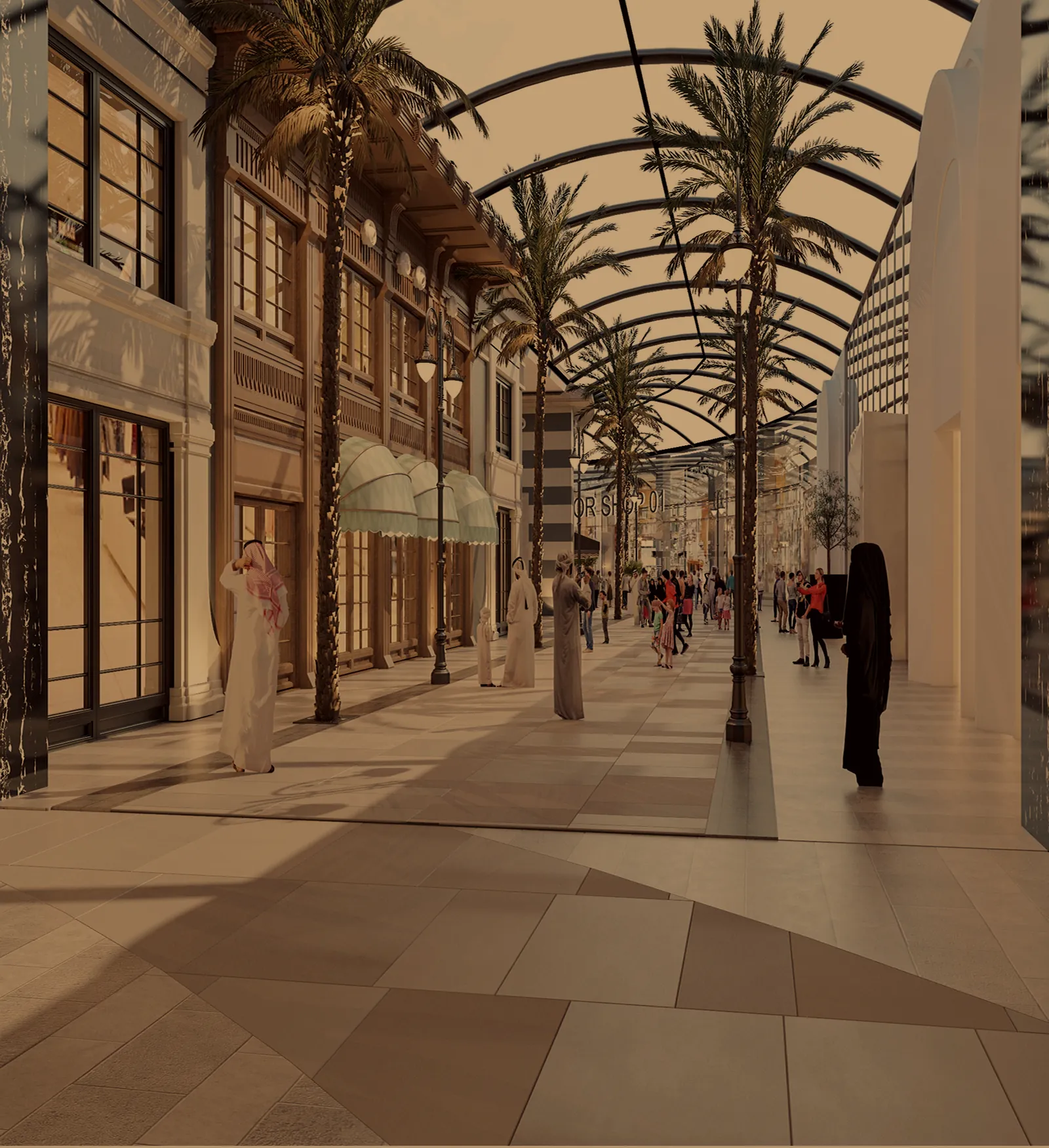 A retail corridor under a vaulted roof with palm trees