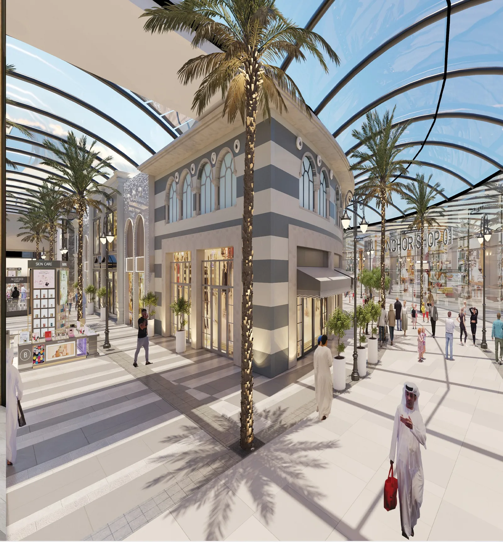 Anchor stores along a sunlit avenue