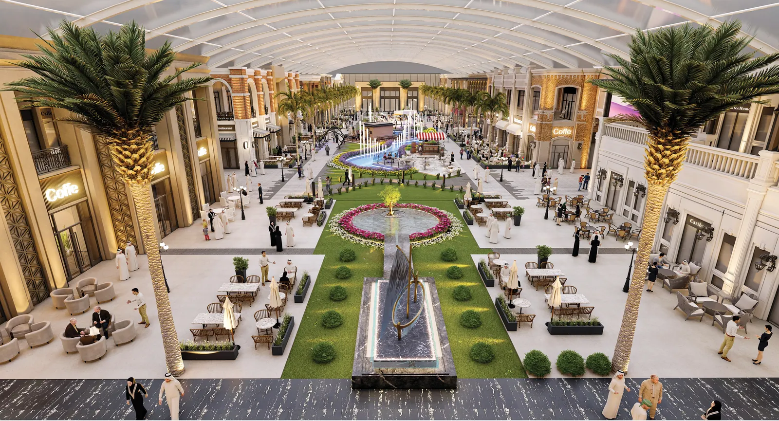 The central plaza with a fountain, gardens and café seating