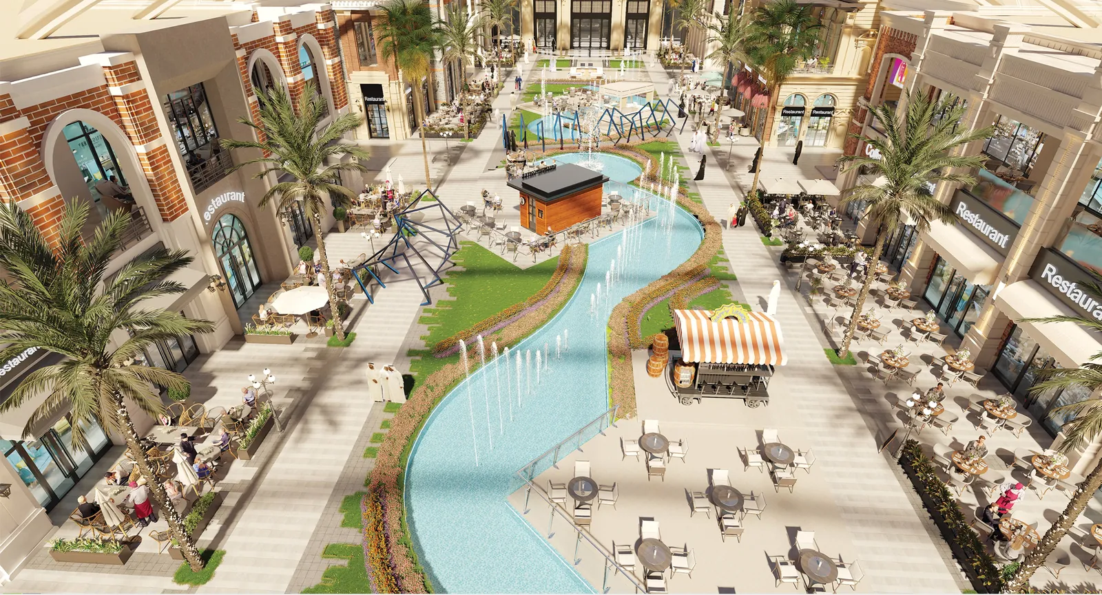 Restaurants and cafes along a water feature