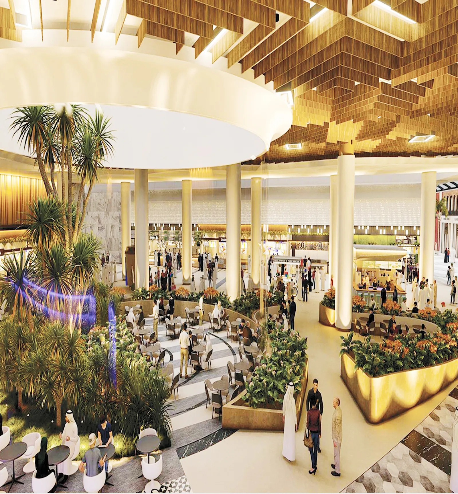 The food court with planting and a wooden ceiling