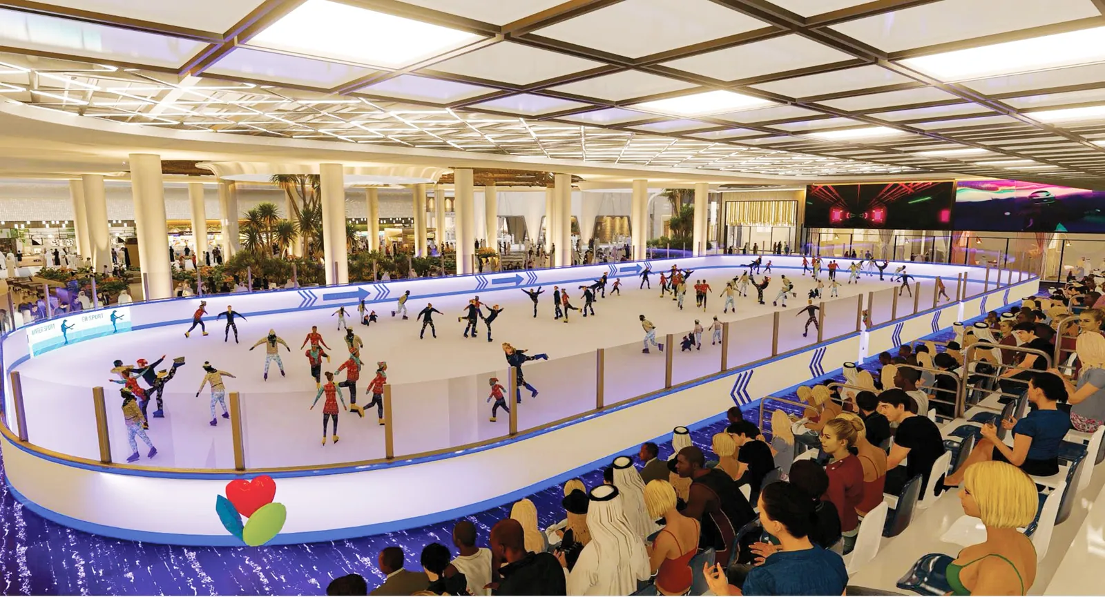 The ice skating rink with skaters and seating