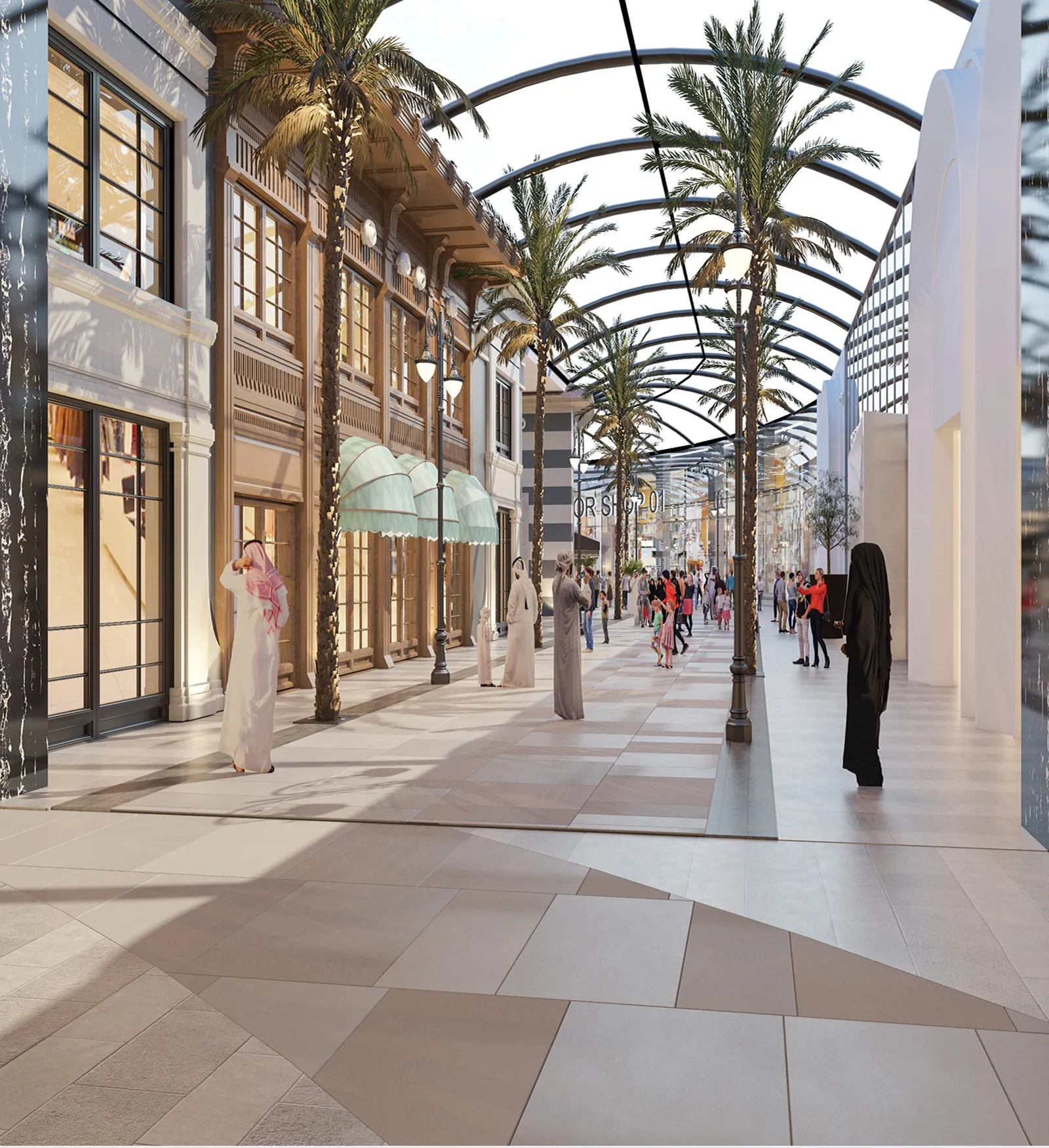 A retail corridor under a vaulted roof with palm trees