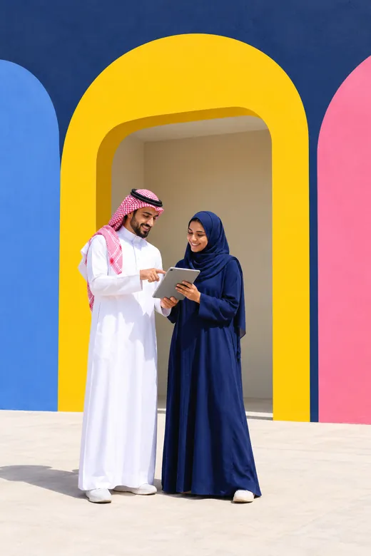 Two colleagues reviewing a tablet in front of an empty shopfront