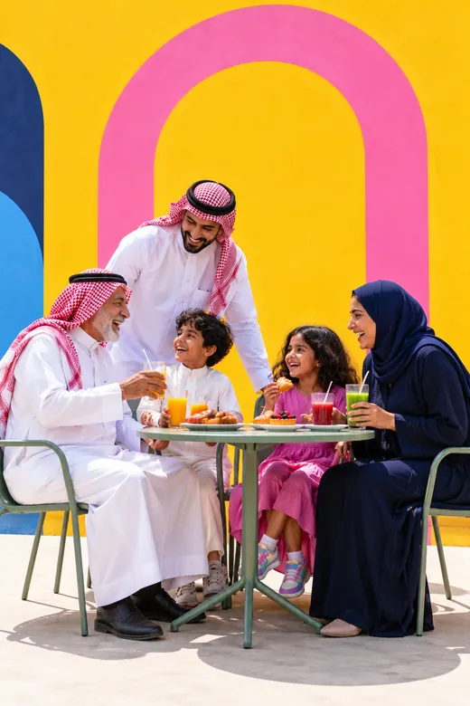 Three generations sharing juice and pastries at a café table