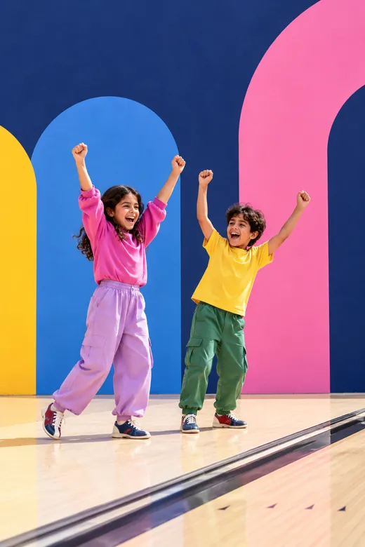 Two children cheering beside a bowling lane