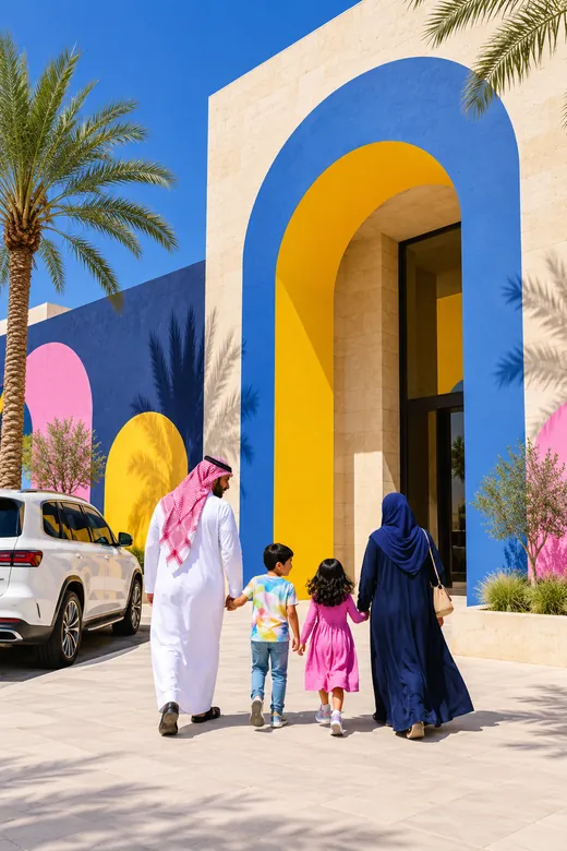 A family walking toward an entrance framed by a painted arch